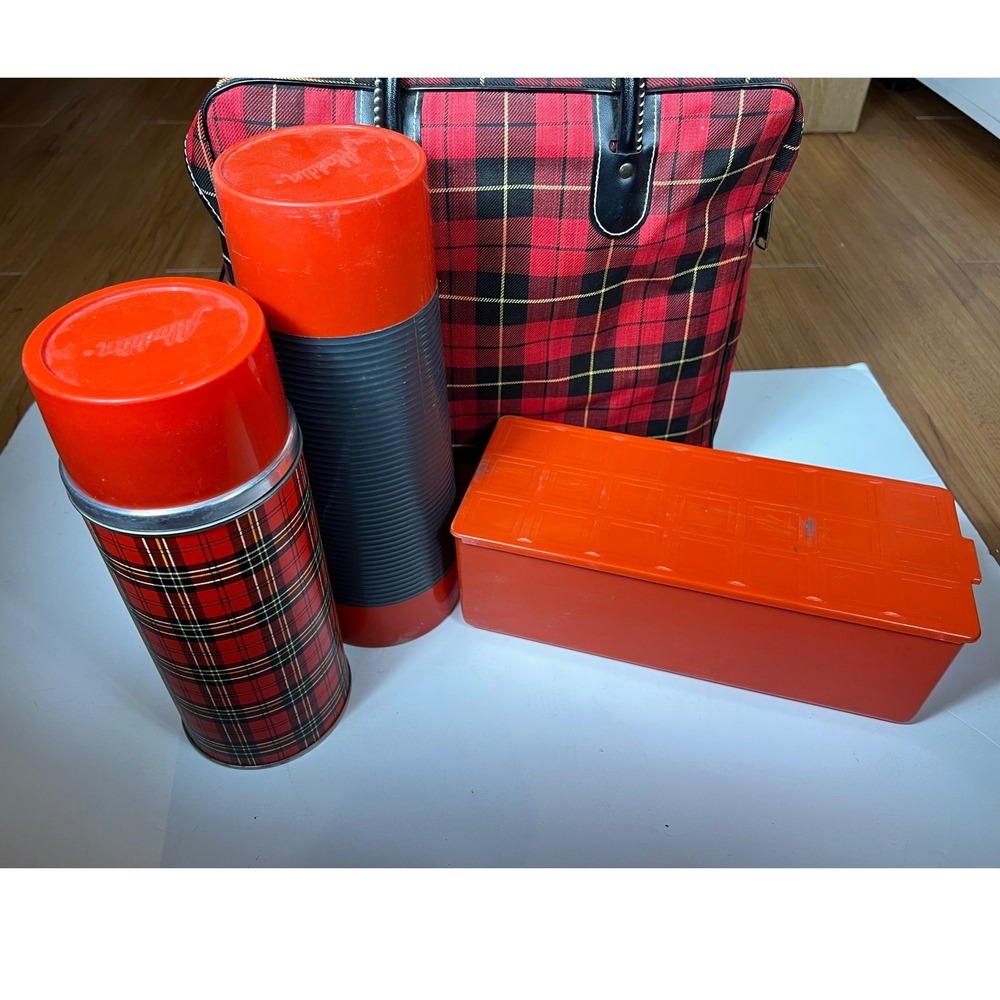 Vintage Aladdin Plaid Picnic Set‎ Cooler Bag Thermos Lunch Box